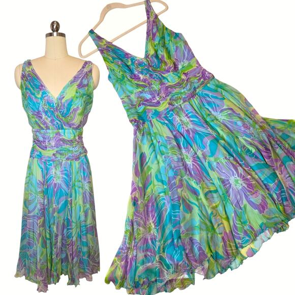 Tadashi Shoji Silk Chiffon Dress 14 Multicolor Floral Midi Vintage Summer Formal - Picture 1 of 8